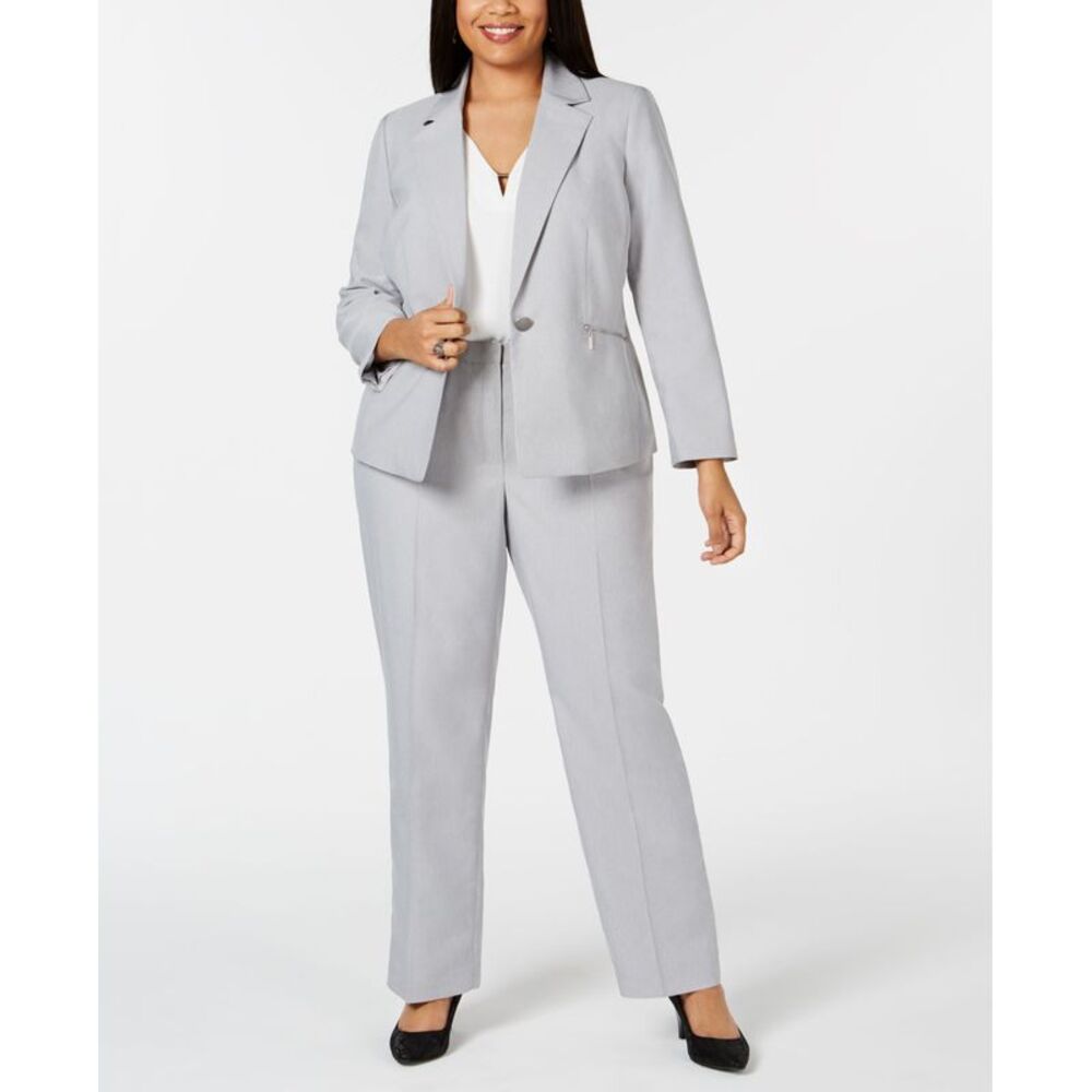 Le Suit Plus Size Mini-Herringbone Pantsuit  Silver 20W